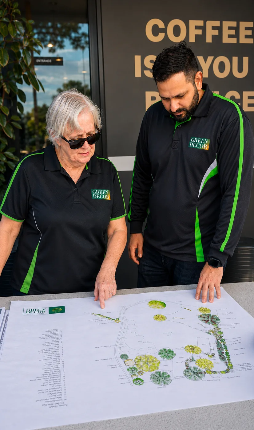 The Green Decor team going through a garden plan