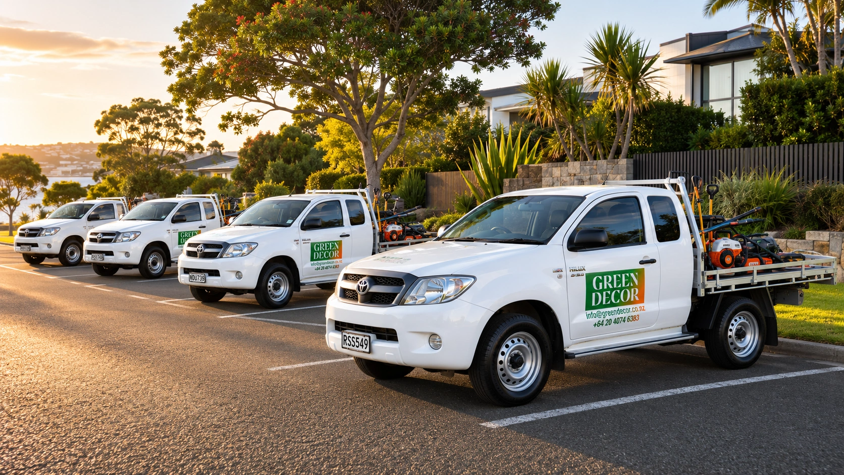 The Green Decor fleet of branded utes parked on an Auckland street