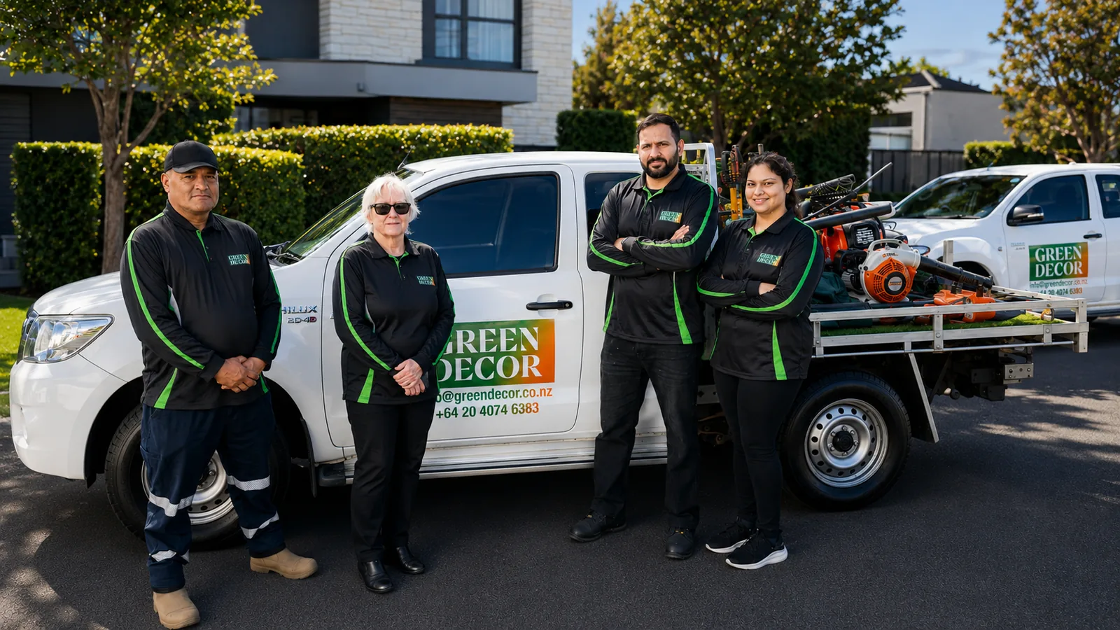 The Green Decor crew with their branded utes