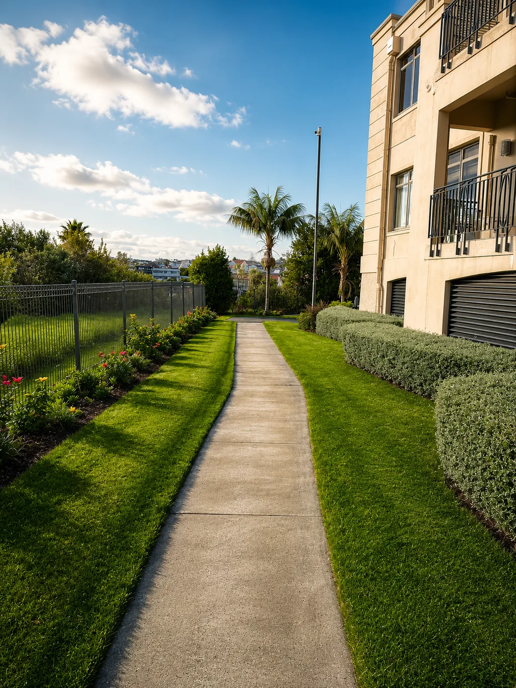 Maintained flower beds, clipped hedging and mown lawn at an Auckland apartment complex