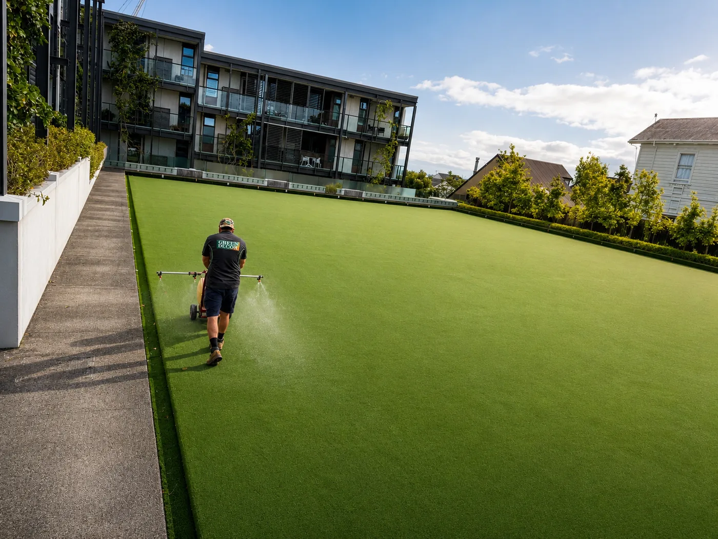 Green Decor crew treating a large lawn at an Auckland apartment complex